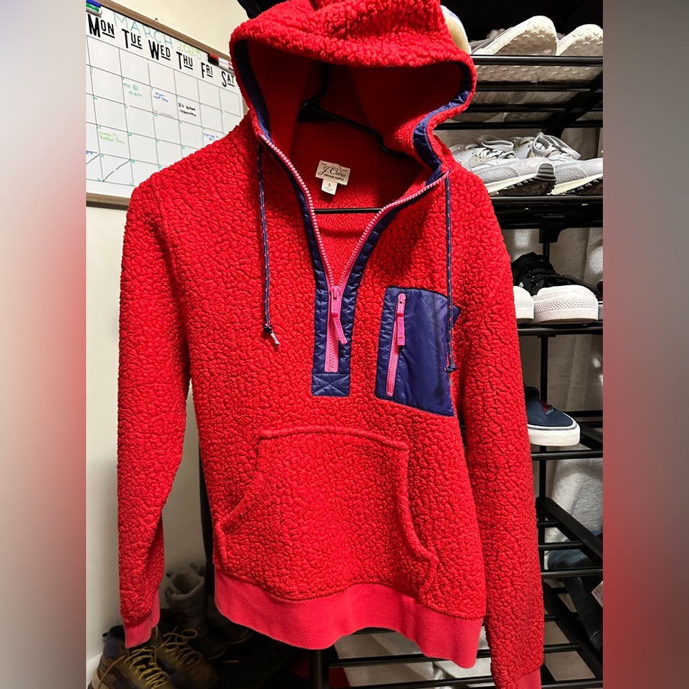 J.Crew Red Sherpa Hoodie with Blue Accents